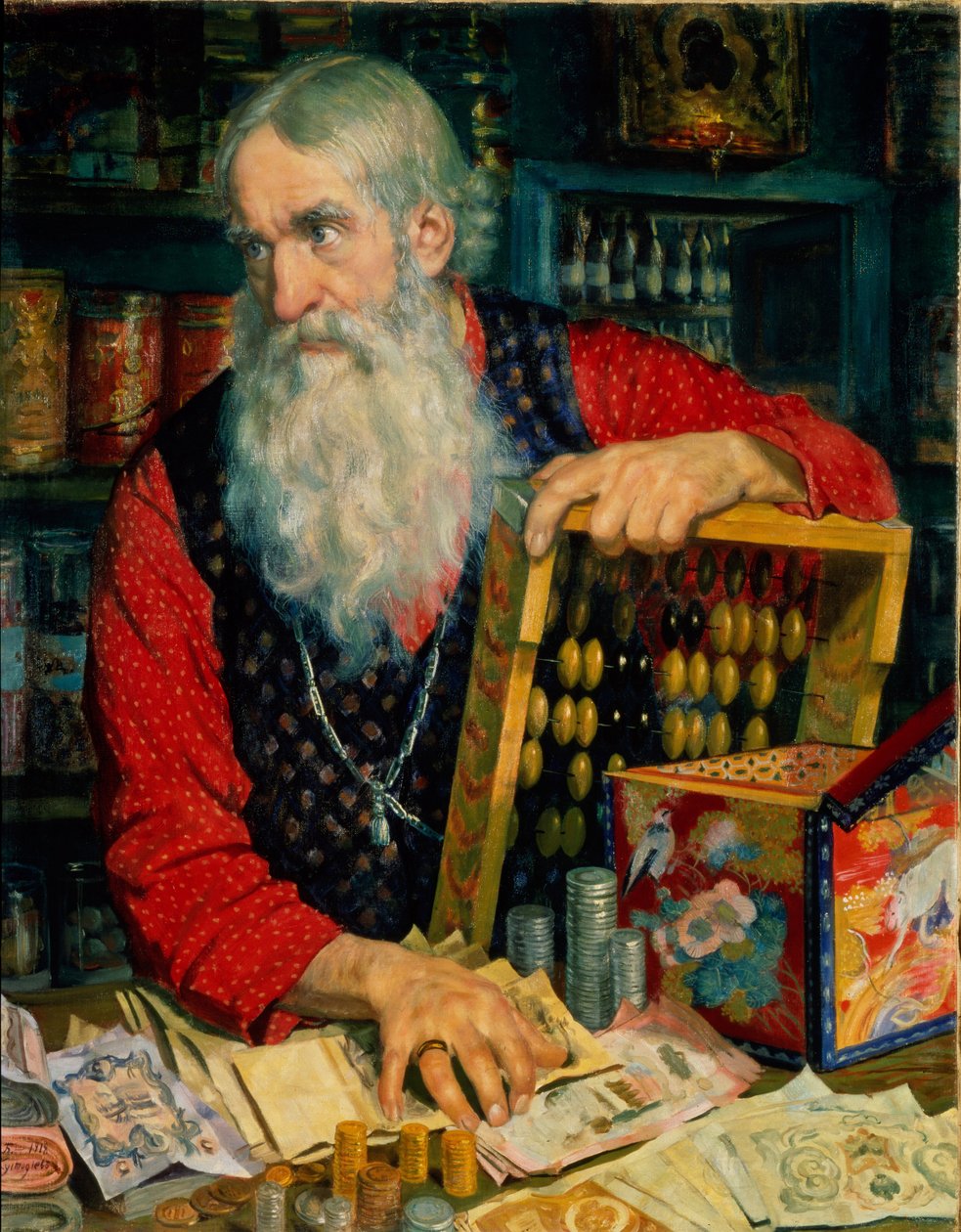 Kauppias (vanha mies rahalla ja helmitaululla). Boris Michaylovich Kustodiev (Kustodiev) (1878-1927) maalaus öljy kankaalle tekijältä Boris Mikhailovich Kustodiev