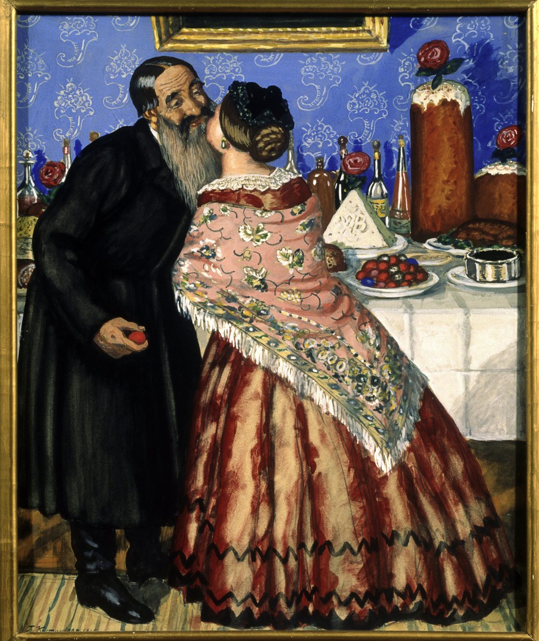 Pääsiäistervehdys (parisuudelma pöydän ääressä pääsiäisaterian yhteydessä) (Pääsiäistervehdys) - Boris Michaylovich Kustodievin (1878-1927) maalaus, tempera pahville tekijältä Boris Mikhailovich Kustodiev