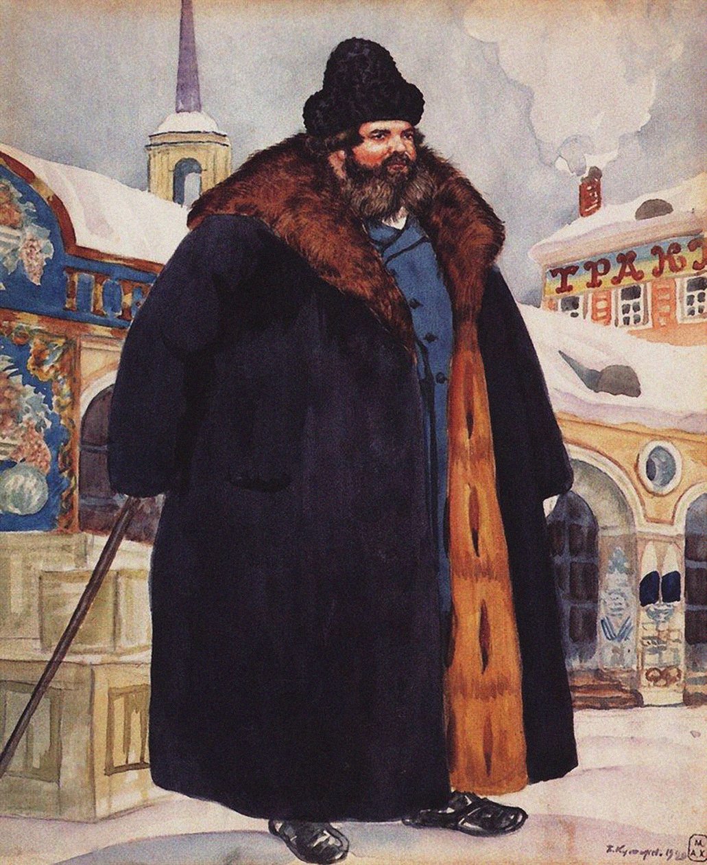 Kauppias turkissa, 1920 tekijältä Boris Mikhailovich Kustodiev