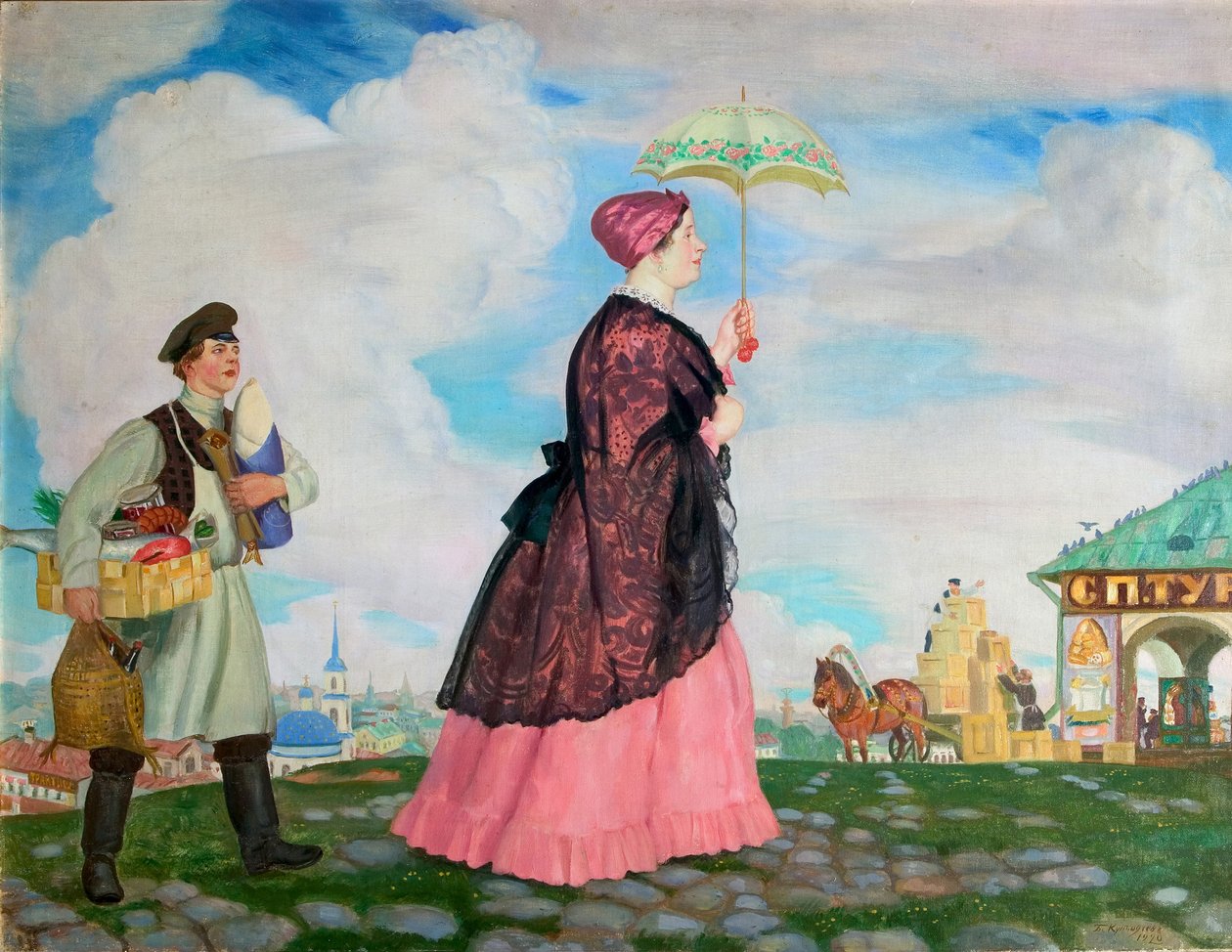 Kauppiaana ostosten kanssa, 1920 tekijältä Boris Mikhailovich Kustodiev