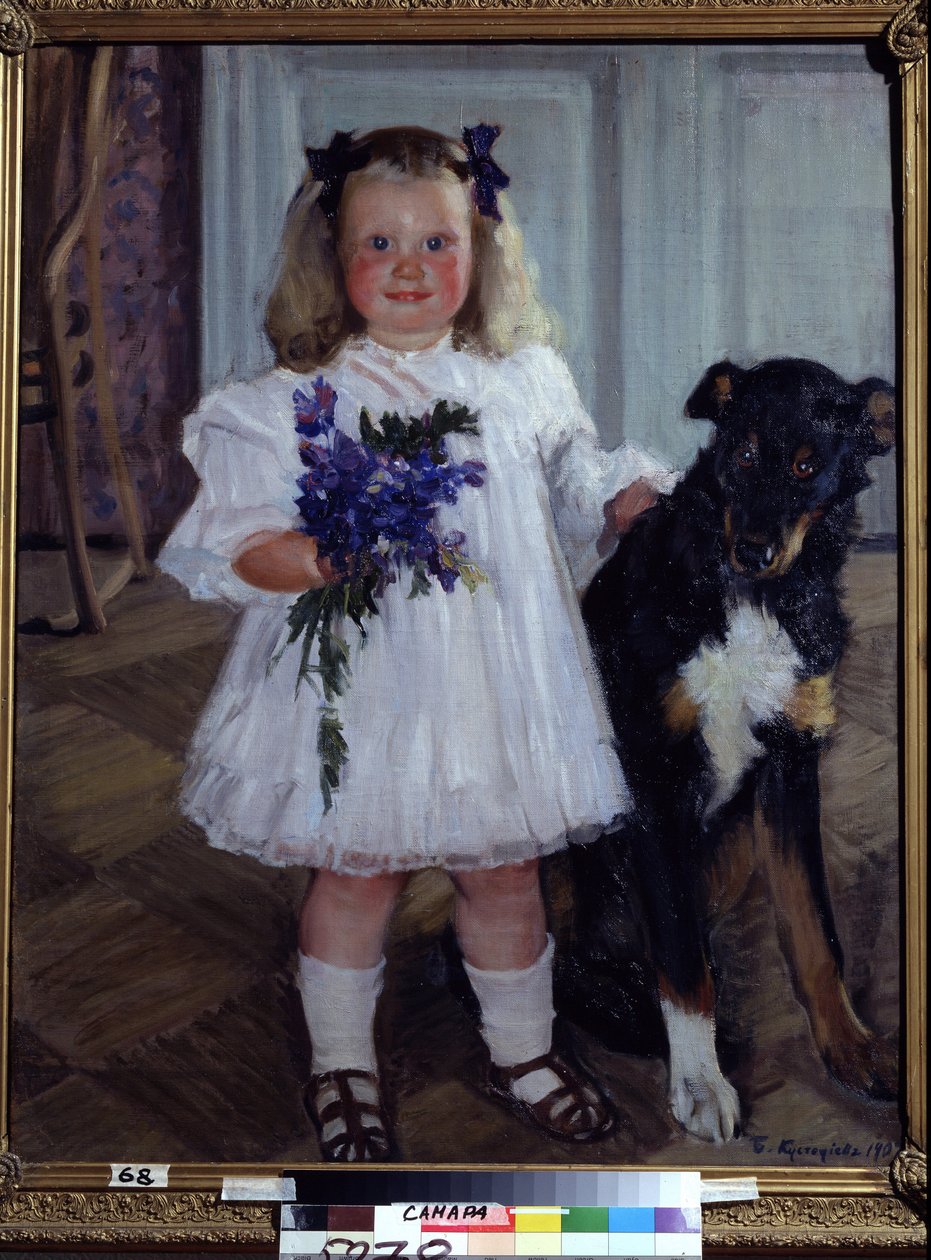 Muotokuva tytär Irina koiran Shumkan kanssa. Boris Michaylovich Kustodiev (Kustodiev) (1878-1927) maalaus öljy kankaalle tekijältä Boris Mikhailovich Kustodiev