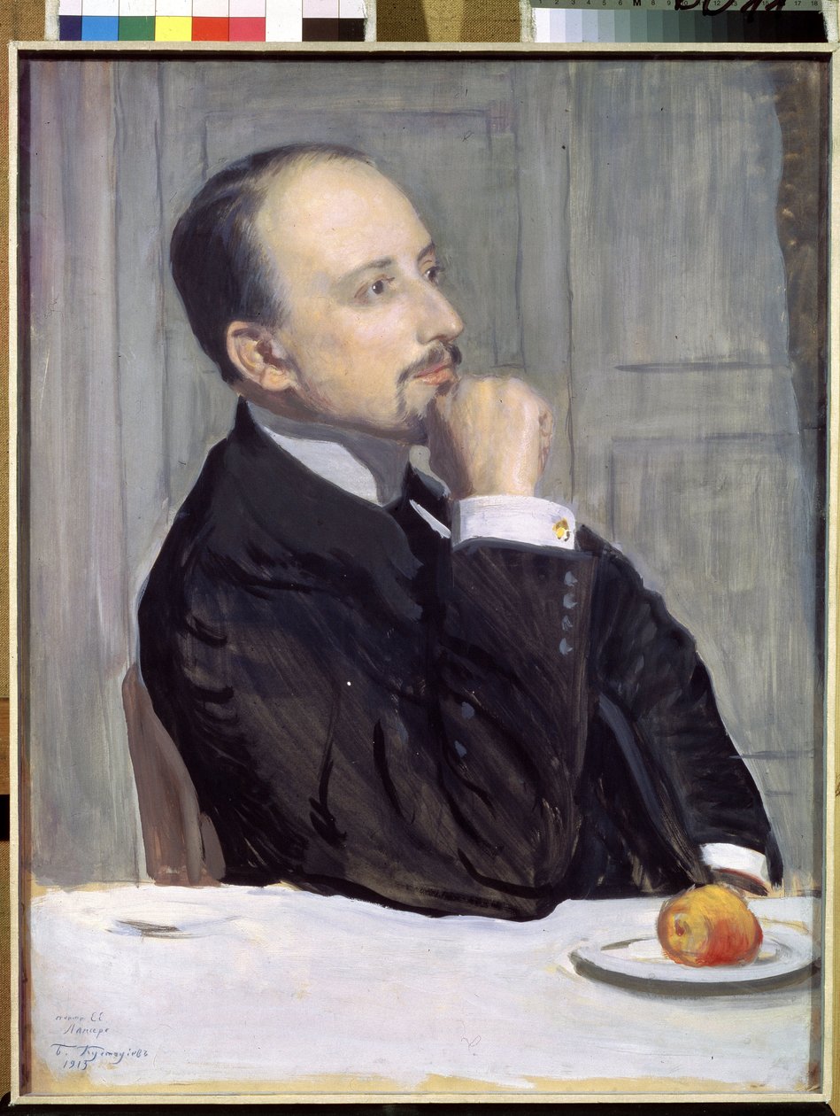 Taiteilija Evgeny Evgenyevich Lanceray (Eugene Lancere) (1875-1946) muotokuva (taiteilija E. Lancerayn muotokuva). Boris Michaylovich Kustodiev (Koustodiev) (1878-1927) työ, tempera pahville tekijältä Boris Mikhailovich Kustodiev