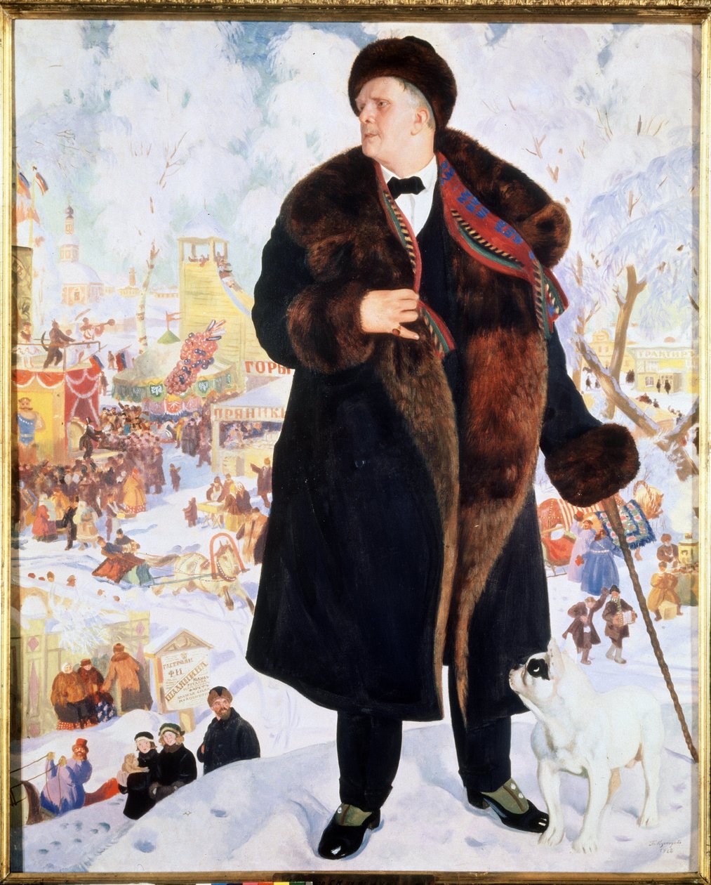 Laulaja Feodorin muotokuva (Fiodor, Fedor) I. Chaliapin (Chaliapin) (1873-1938) (Laulaja F.I.Shalyapinin muotokuva). Laulaja seisoo ylpeänä turkissa ja hatussa häntä tuijottavan bulldogin seurassa. tekijältä Boris Mikhailovich Kustodiev