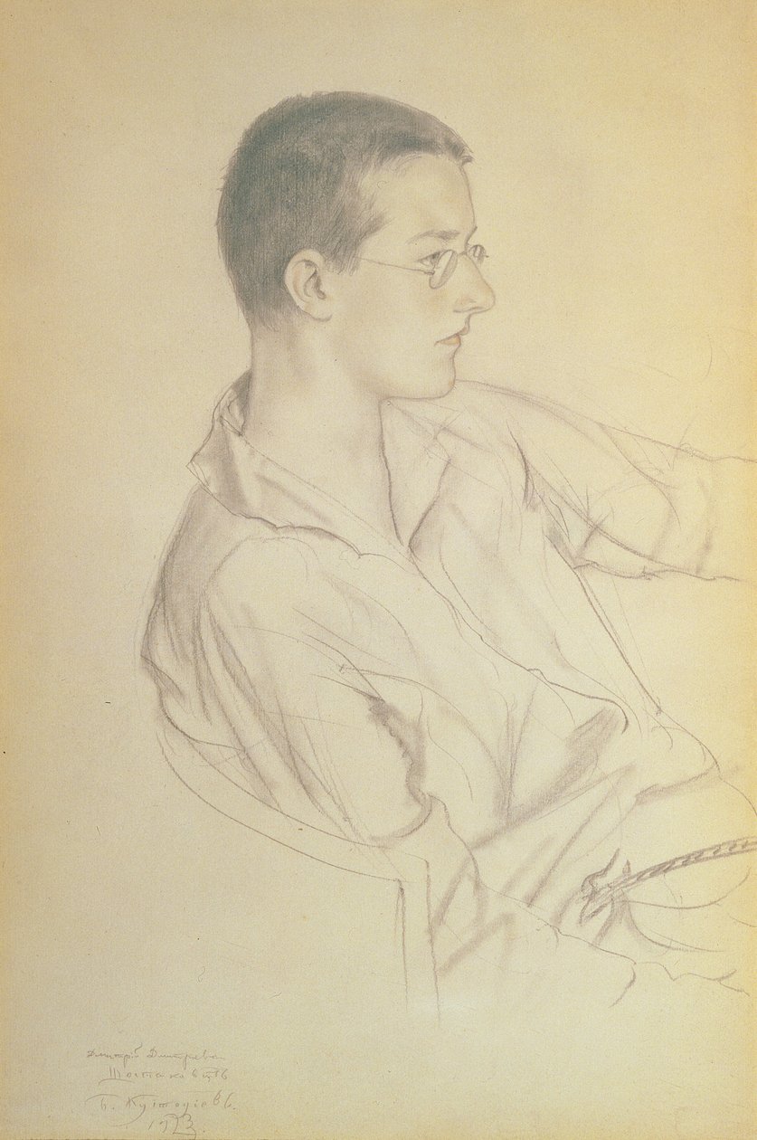 Muotokuva Dmitri Dmitrievich Shostakovichista (1906-75), 1923 (kynä paperille) tekijältä Boris Mikhailovich Kustodiev