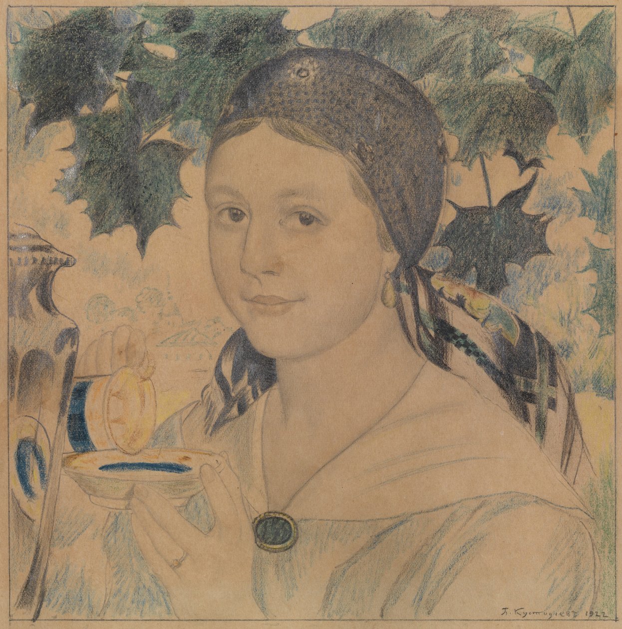 Maria Šostakovitšin muotokuva, 1922 tekijältä Boris Mikhailovich Kustodiev