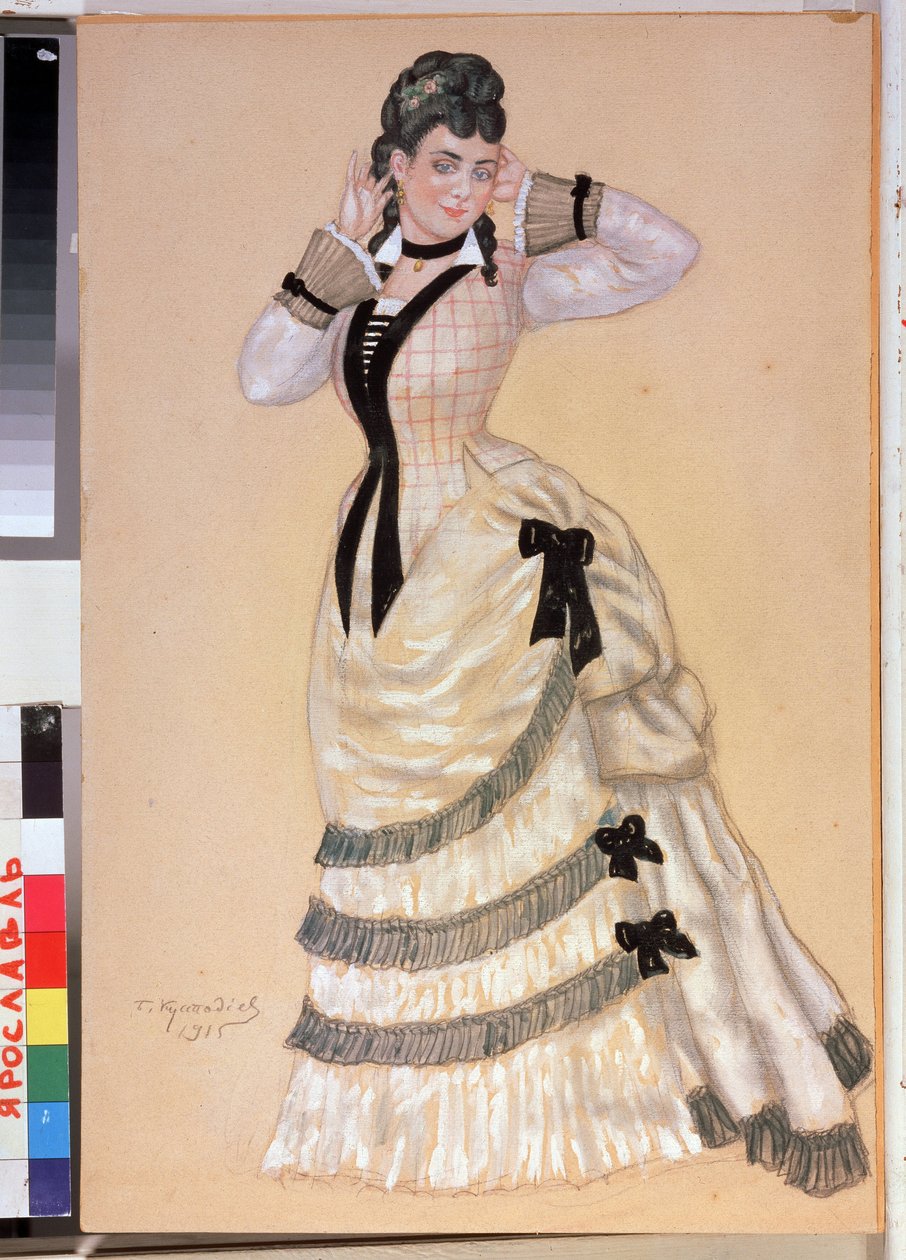 Naispukuprojekti Alexandre Ostrovskin (1823-1886) teatterinäytelmään Susi ja lampaat (A. Ostrovskin teatterinäytelmän Sudet ja lampaat pukusuunnittelu). Boris Michaylovich Kustodiev (Koustodiev) (1878-1927) työ, akvarelli kortilla tekijältä Boris Mikhailovich Kustodiev