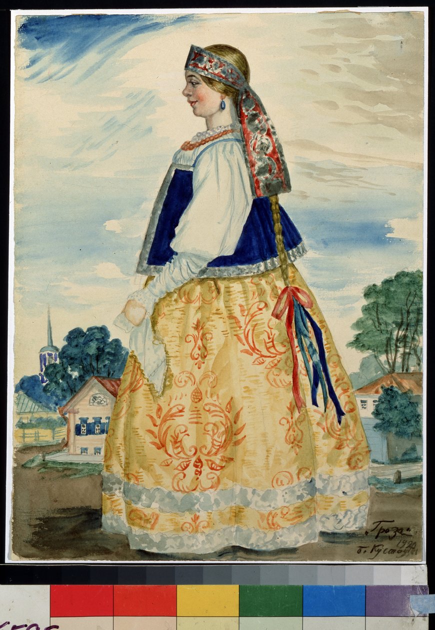 Pukusuunnittelu Alexandre Ostrovskin (Ostrovsky) näytelmään Myrsky (1823-1886) (A. Ostrovskin näytelmän Myrsky pukusuunnittelu). Boris Michaylovich Kustodiev (Koustodiev) (1878-1927) työ, akvarelli paperille tekijältä Boris Mikhailovich Kustodiev