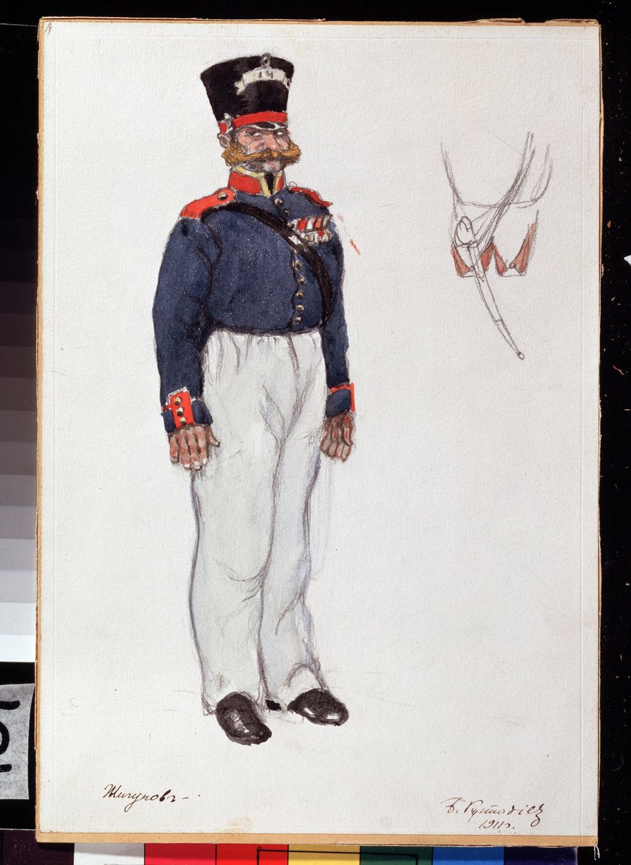 Pukusuunnittelu Alexandre Ostrovskin (1823-1886) teatterinäytelmään Coeur ardent (Pususuunnittelu A. Ostrovskin teatterinäytelmään Fiery Heart). Boris Michaylovich Kustodiev (Koustodiev) (1878-1927) työ, kynä ja akvarelli paperille tekijältä Boris Mikhailovich Kustodiev