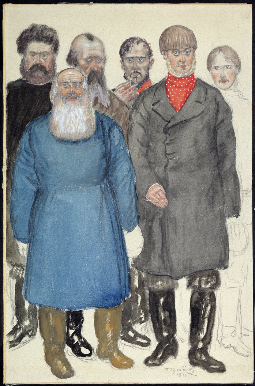 Pukusuunnittelu Alexandre Ostrovskin (1823-1886) teatterinäytelmään Sudet ja lampaat (A. Ostrovskin teatterinäytelmän Sudet ja lampaat pukusuunnittelu). Boris Michaylovich Kustodiev (Koustodiev) (1878-1927) työ, akvarelli paperille tekijältä Boris Mikhailovich Kustodiev
