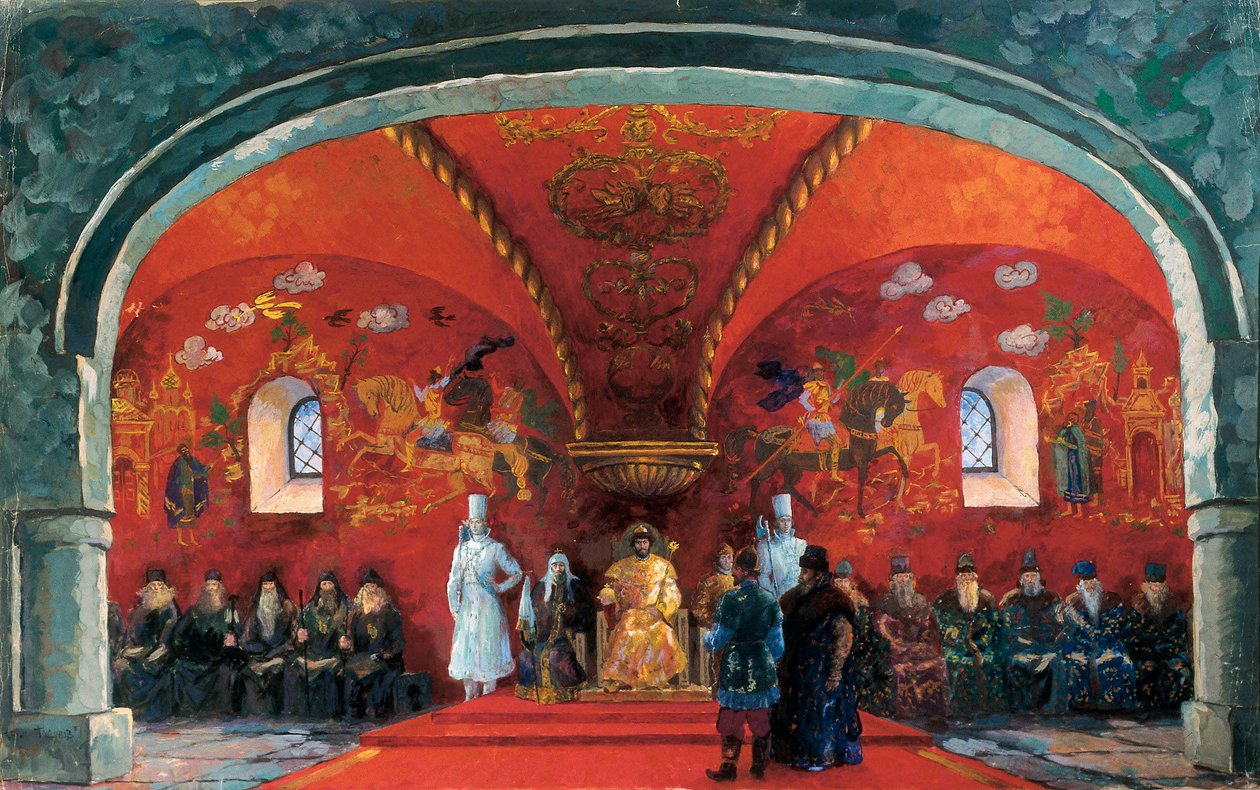 Venäjän tsaarin Boris Fjodorovitš Godunovin (1551-1605) esitys, Aleksanteri Sergejevitš Puškinin teatteriteoksen "Boris Godunov" sisustus (öljy kankaalle) tekijältä Boris Mikhailovich Kustodiev