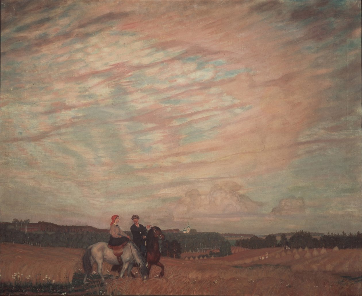 Omakuva vaimon kanssa hevosen selässä, 1915 tekijältä Boris Mikhailovich Kustodiev