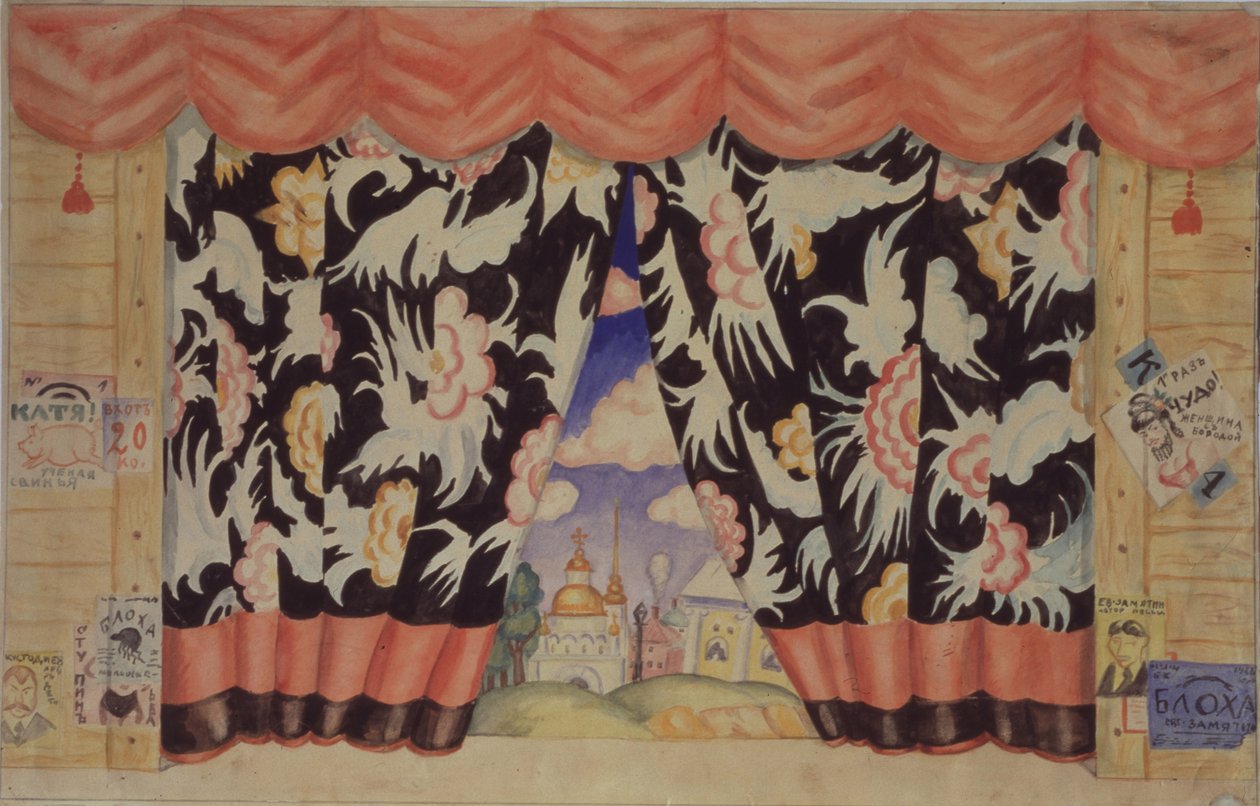 Luonnos verhosta E. Zamyatinin teatterinäytelmään Kirppu, 1925-1926 tekijältä Boris Mikhailovich Kustodiev