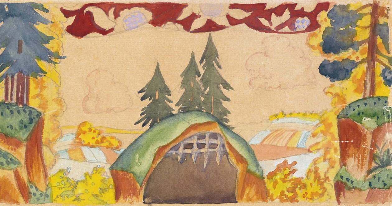 Lavastus N. Rimski-Korsakovin oopperaan Kultainen kukko, 1927 tekijältä Boris Mikhailovich Kustodiev