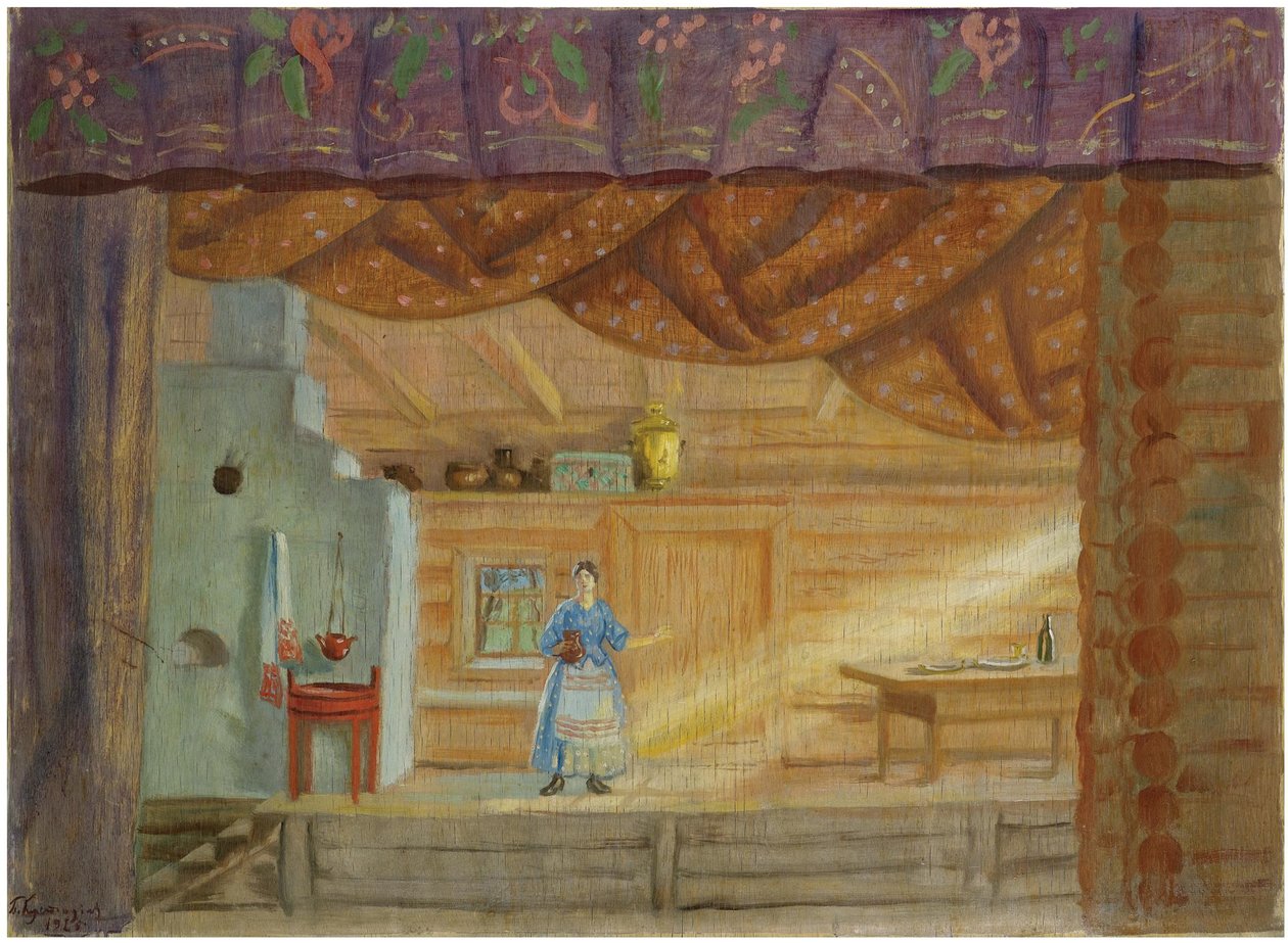 Lavastus Lidia Seyfullinan näytelmään Virineya, 1925 tekijältä Boris Mikhailovich Kustodiev