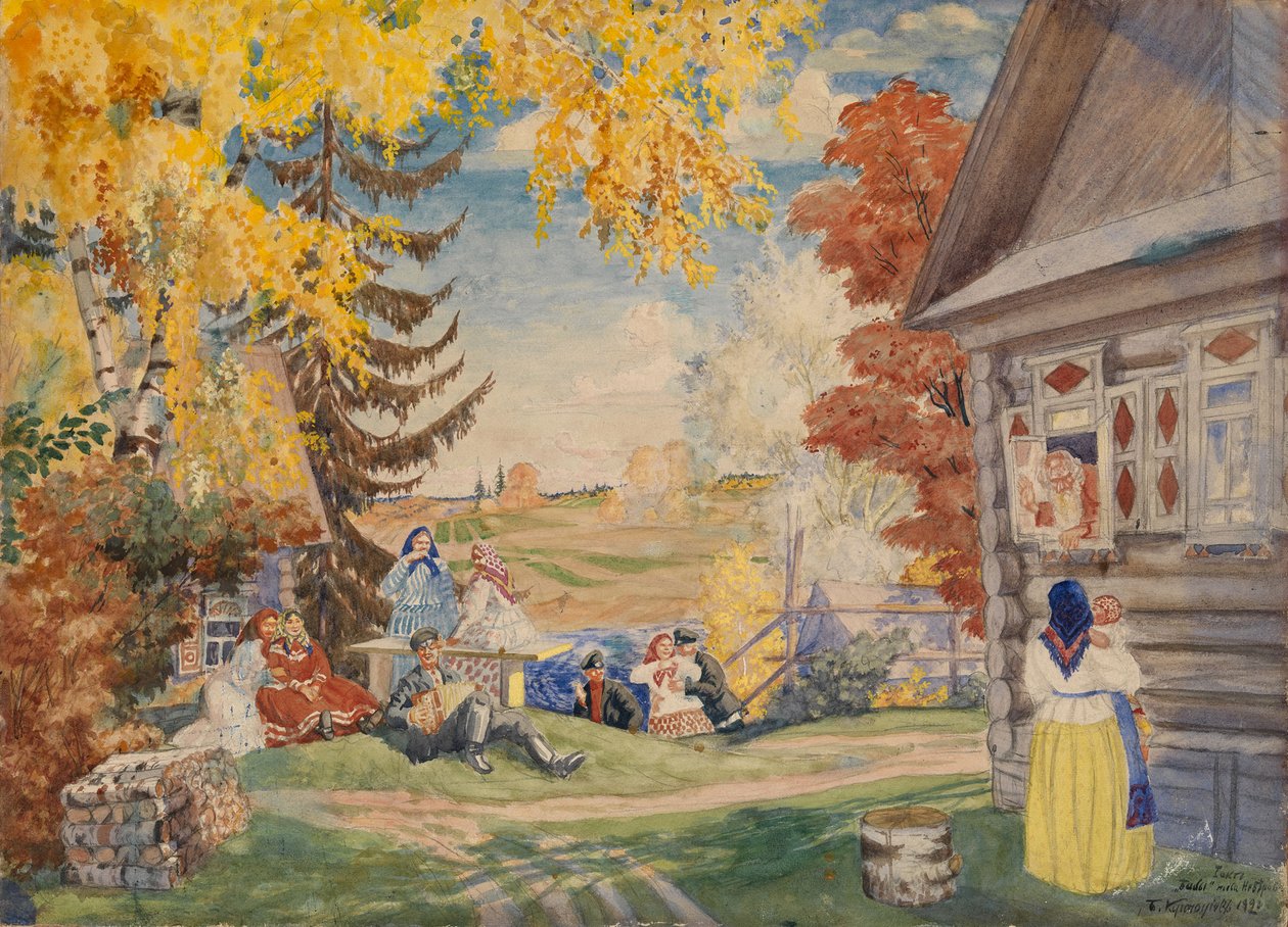 Lavastus Aleksanteri Neverovin teatterinäytelmään Talonpoikanaiset, 1920 tekijältä Boris Mikhailovich Kustodiev
