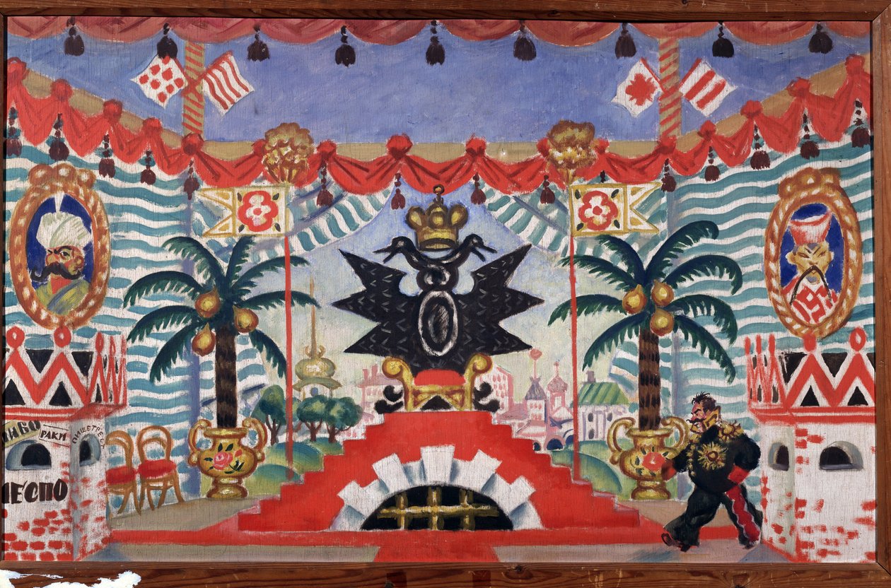 Lavastus E. Zamyatinin teatterinäytelmään Kirppu, 1925-1926 tekijältä Boris Mikhailovich Kustodiev