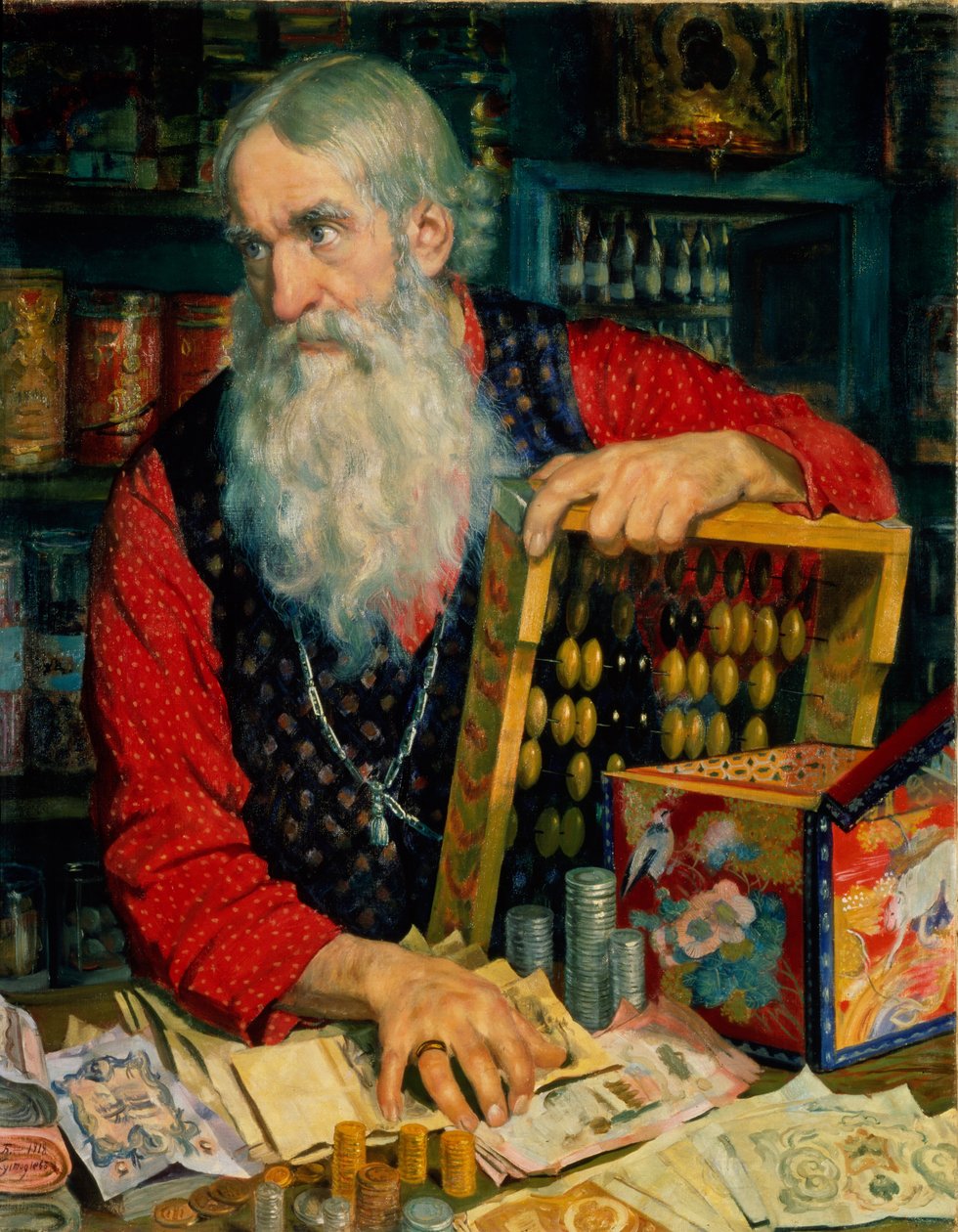 Kauppias vanha mies rahan kanssa, 1918 tekijältä Boris Mikhailovich Kustodiev