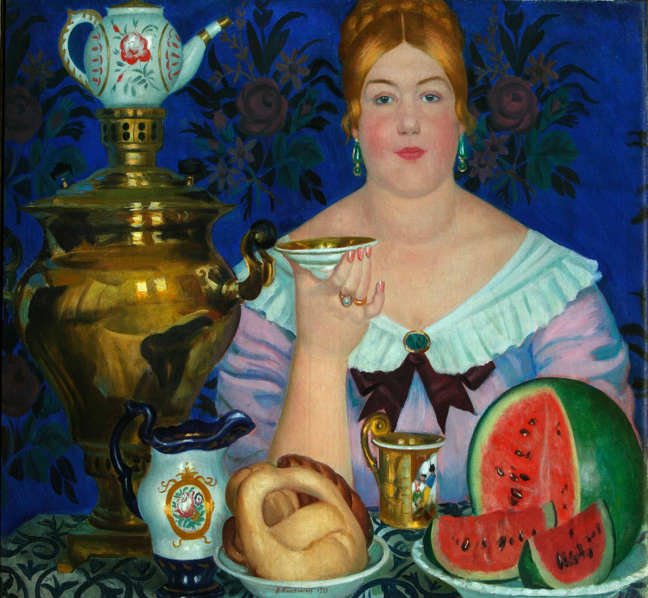 Kauppiaiden vaimo juo teetä, 1923 tekijältä Boris Mikhailovich Kustodiev