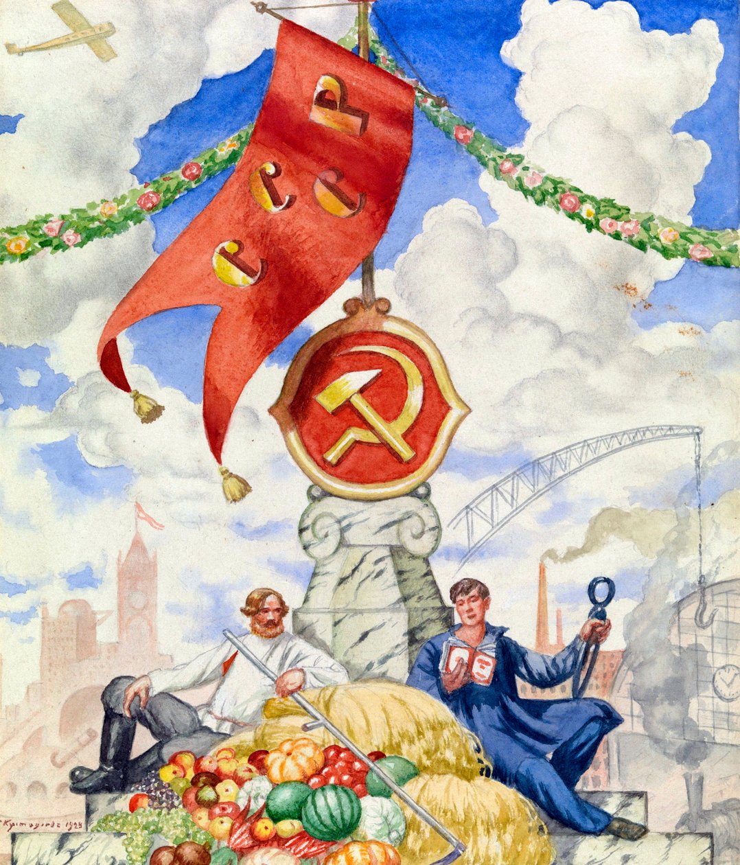 ""Työmies ja maanviljelijä yhdistynyt kommunistisen lipun alla"" Propagandajuliste Boris Michaylovich Kustodiev (1878-1927) 1923 Koko 27x23 cm Yksityinen kokoelma tekijältä Boris Mikhailovich Kustodiev