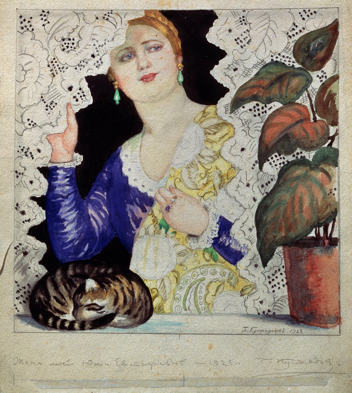 Une femme russe a sa fenetre (Venäläinen tyttö ikkunassa). Vaaleahiuksinen, siisti nainen (mekko, korut, huivi ja houkutus) työntää pitsiverhon ikkunastaan. Reunuksella vihreä kasvi ja kissa pyörivät pallossa. Boris Michaylovich Kusin työ tekijältä Boris Mikhailovich Kustodiev