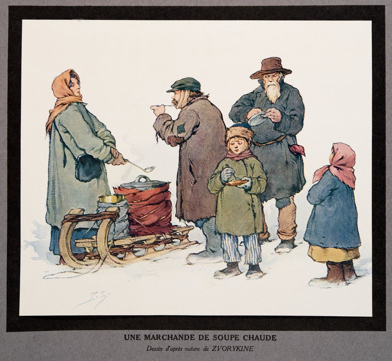 Kuuman keiton myyjä, Histoire des Soviets, pub. 1922 (väri litho) tekijältä Boris Vasilievich Zvorykin
