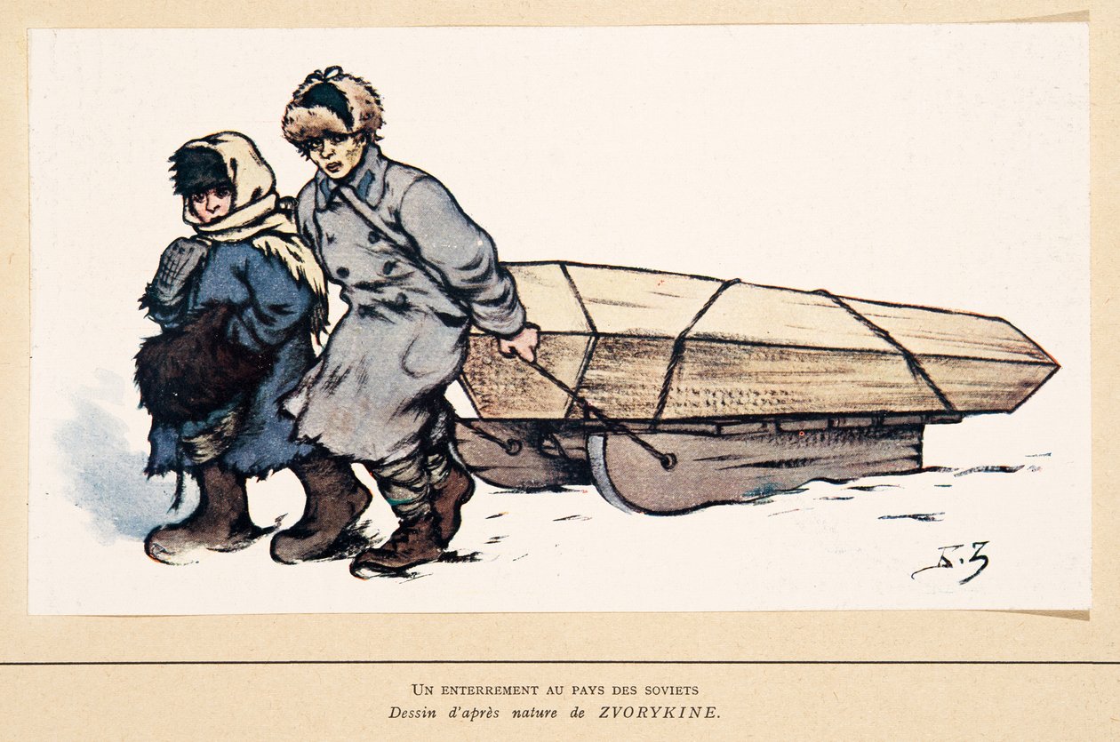 Hautaus Venäjällä, Histoire des Soviets, pub. 1922 (väri litho) tekijältä Boris Vasilievich Zvorykin