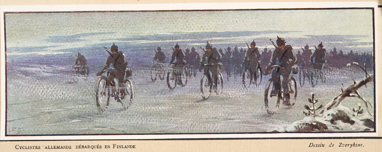 Saksalaiset pyöräilijät saapuvat Suomeen; Histoire des Soviets, pub. 1922 (väri litho) tekijältä Boris Vasilievich Zvorykin