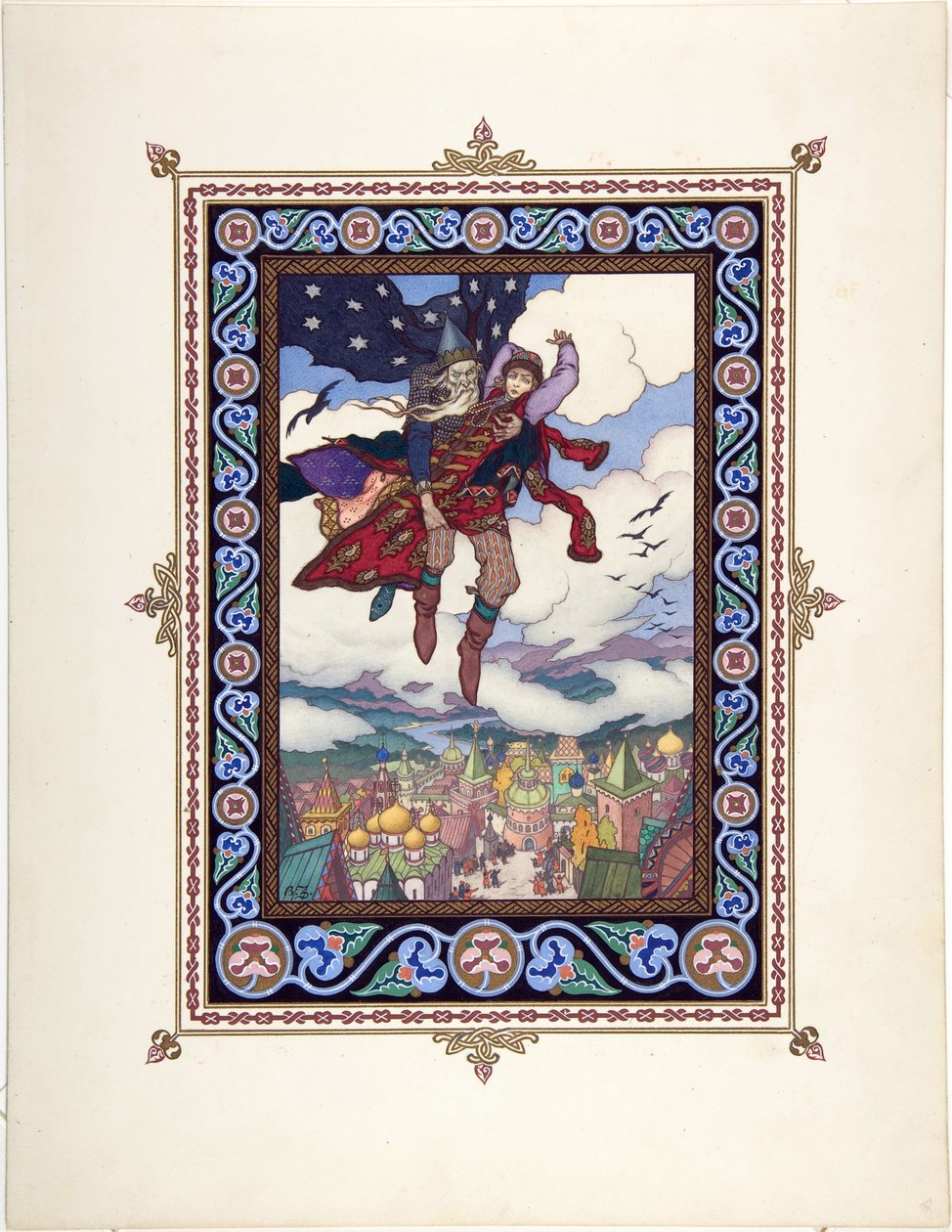 Kuvitus satuun Marya Morevna (Maria des mers) par Zvorykin, Boris Vasilievich (1872-1935 jälkeen), n. 1925 - Värilitografia, 27,3x20,5 - Yksityiskokoelma tekijältä Boris Vasilievich Zvorykin