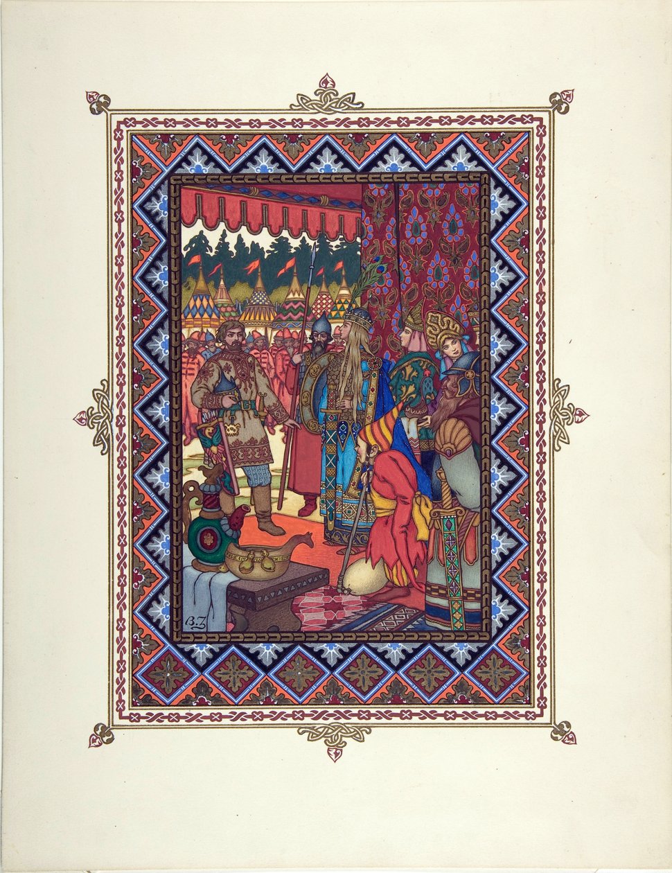 Kuvitus satuun Marya Morevna (Maria des mers) par Zvorykin, Boris Vasilievich (1872-1935 jälkeen), n. 1925 - Värilitografia, 27,3x20,5 - Yksityiskokoelma tekijältä Boris Vasilievich Zvorykin