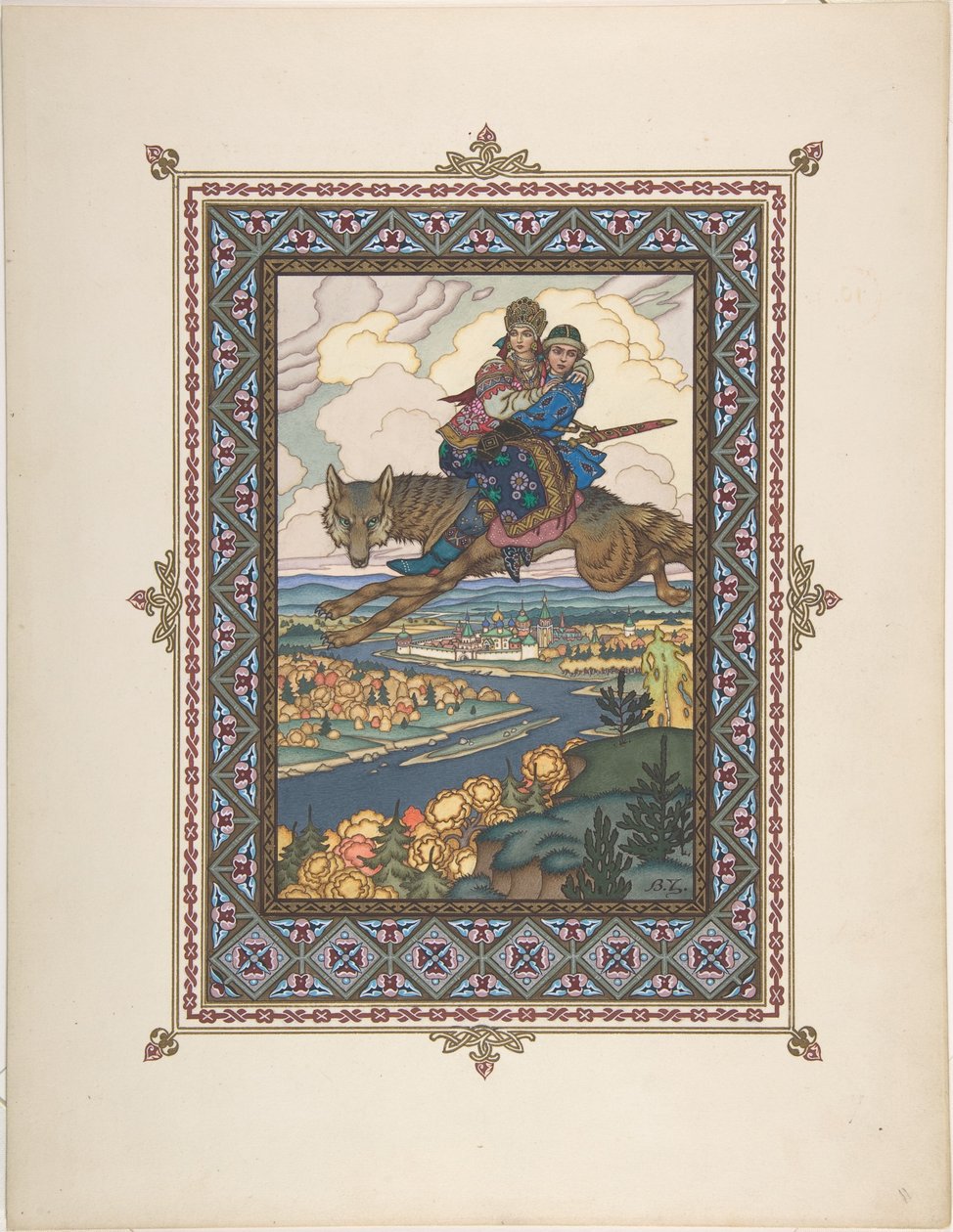 Kuvitus satuun Ivan Tsarevitšista, tulilintu ja harmaa susi, c. 1925 tekijältä Boris Vasilievich Zvorykin