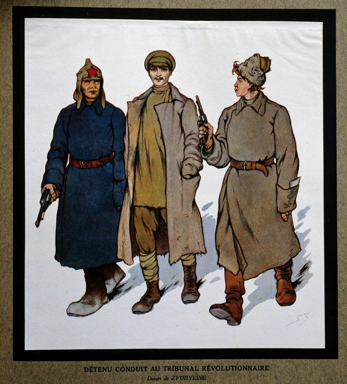 Venäjä vuoden 1917 vallankumouksen jälkeen: "Vallankumouksellisen tuomioistuimen eteen tuotu detenu". Piirustus Boris Zvorykin (1872-1935). Sosiaalihistorian instituutti, Montreuil tekijältä Boris Vasilievich Zvorykin