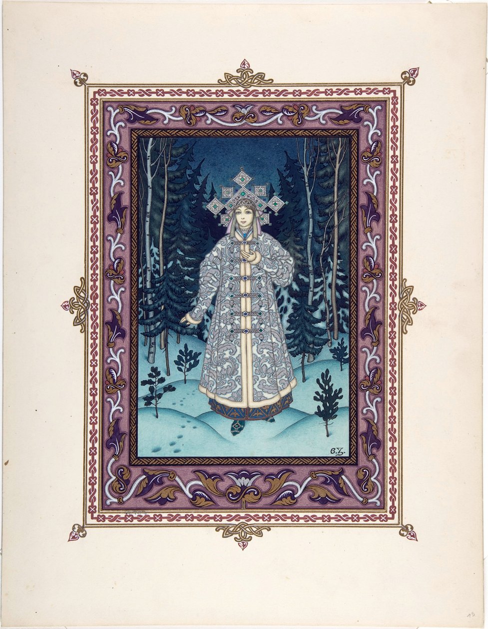 Snegourotchka (ou Snegourka, la Fille de neige) - Kuvitus satuun Snegurochka par Zvorykin, Boris Vasilievich (1872-1935 jälkeen), n. 1925 - Värilitografia, 27,3x20,5 - Yksityiskokoelma tekijältä Boris Vasilievich Zvorykin