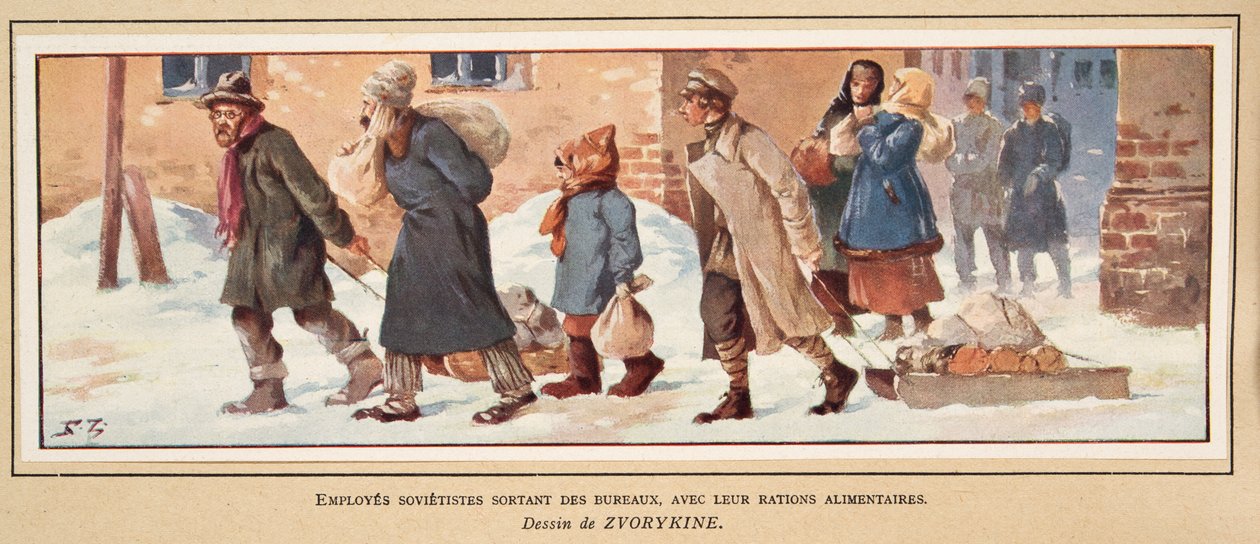 Neuvostotyöläiset lähtevät toimistosta ruoka-annoksineen, Histoire des Soviets -pubista. 1922 (väri litho) tekijältä Boris Vasilievich Zvorykin