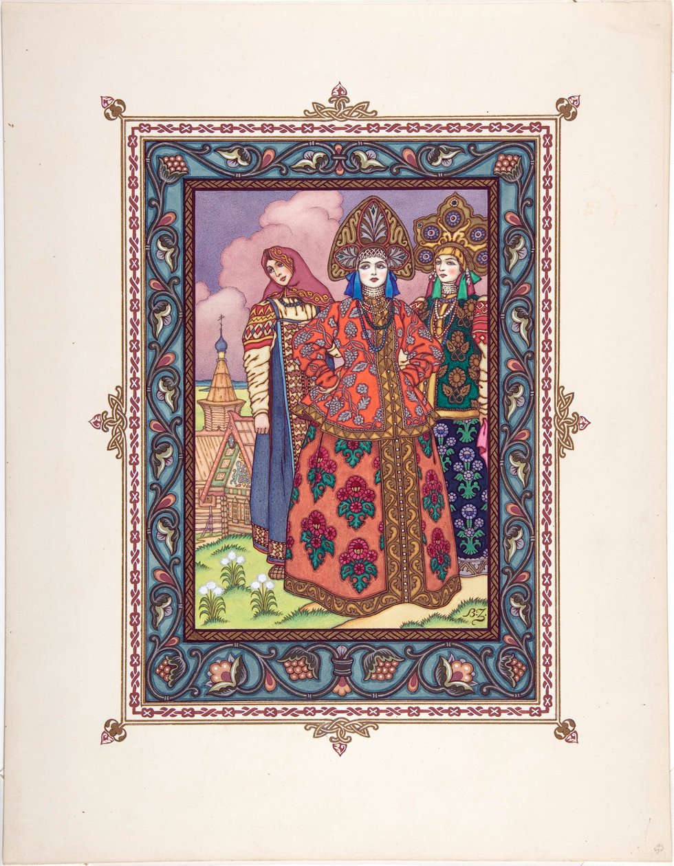Vassilissa la Belle (Vassilissa la tres Belle) - Kuvitus satuun Vasilisa kaunis par Zvorykin, Boris Vasilievich (1872-1935 jälkeen), n. 1925 - Värilitografia, 27,3x20,5 - Yksityiskokoelma tekijältä Boris Vasilievich Zvorykin