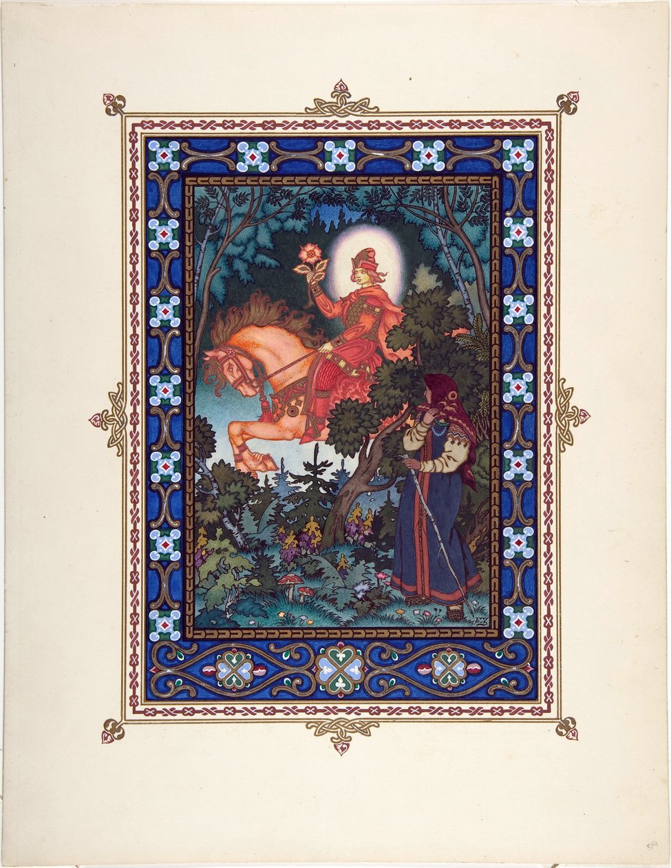 Vassilissa la Belle (ou Vassilissa la tres belle) - Kuvitus satuun Vasilisa kaunis par Zvorykin, Boris Vasilievich (1872-1935 jälkeen), n. 1925 - Värilitografia, 27,3x20,5 - Yksityiskokoelma tekijältä Boris Vasilievich Zvorykin