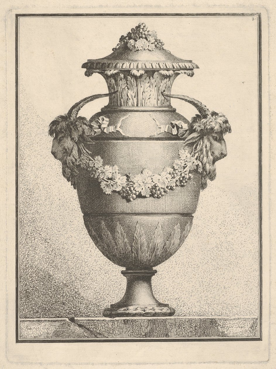 Suunnittelu katetulle maljakolle, jossa on kaksi vuohenpäätä ja seppele, 1764. tekijältä Bossi