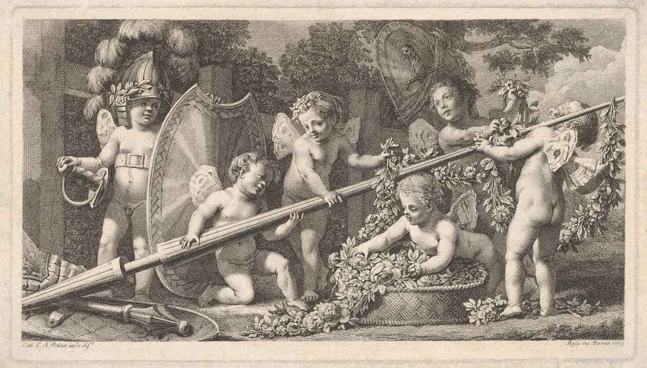Kuusi puttia leikkii Marsin käsivarsilla, neljä pitelemässä suurta lansettia, yksi vasemmalla..., 1769. tekijältä Bossi