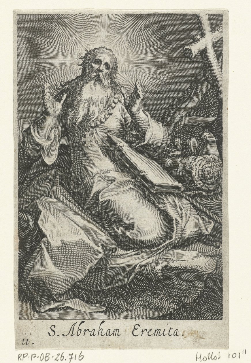 Pyhä Abraham Edessalainen erakkona S. Abraham Eremita (otsikko esineessä) Erakot (sarjan nimi) Sacra eremvs ascetarvm (sarjan nimi) tekijältä Boëtius Adamsz. Bolswert