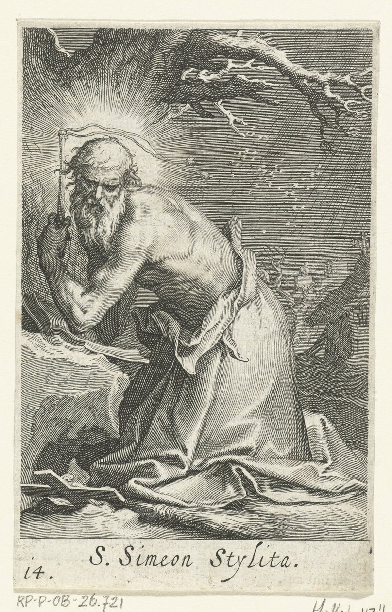 Pyhä Simeon Stylites vanhin erakkona S. Simeon Stylita (otsikko esineessä) Erakot (sarjan nimi) Sacra eremvs ascetarvm (sarjan nimi) tekijältä Boëtius Adamsz. Bolswert
