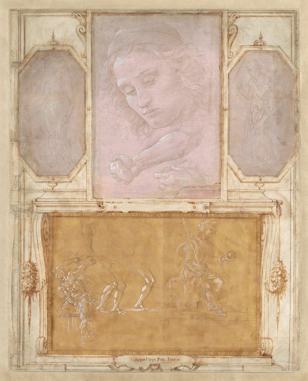 Sivu "Piirustuskirjasta" tekijältä Botticelli Giorgio Vasari with drawings by Filippino Lippi and Raffaellino del Garbo