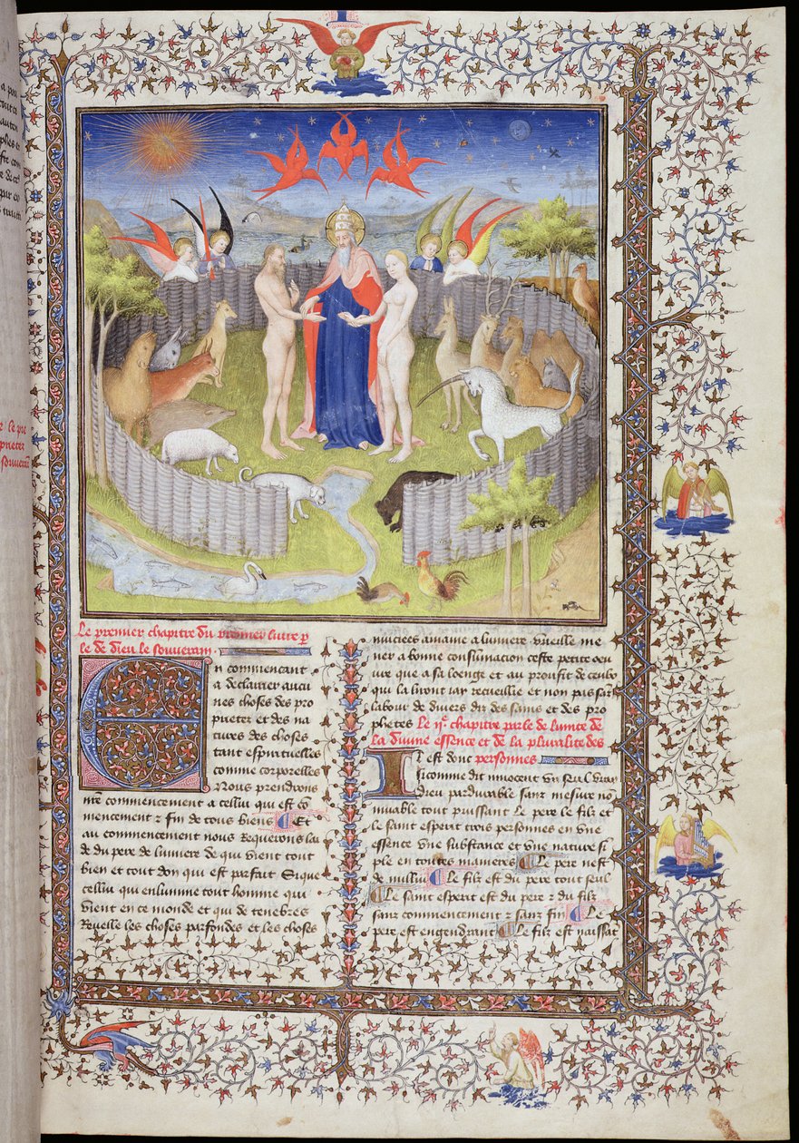 Ms 251 f.16r Aadamin ja Eevan avioliitto Jean Corbechonin teoksesta Des Proprietes De Chozes, n. 1415 (kultalehti, kultamuste ja tempera pergamentilla) (katso 84914) tekijältä Boucicaut Master