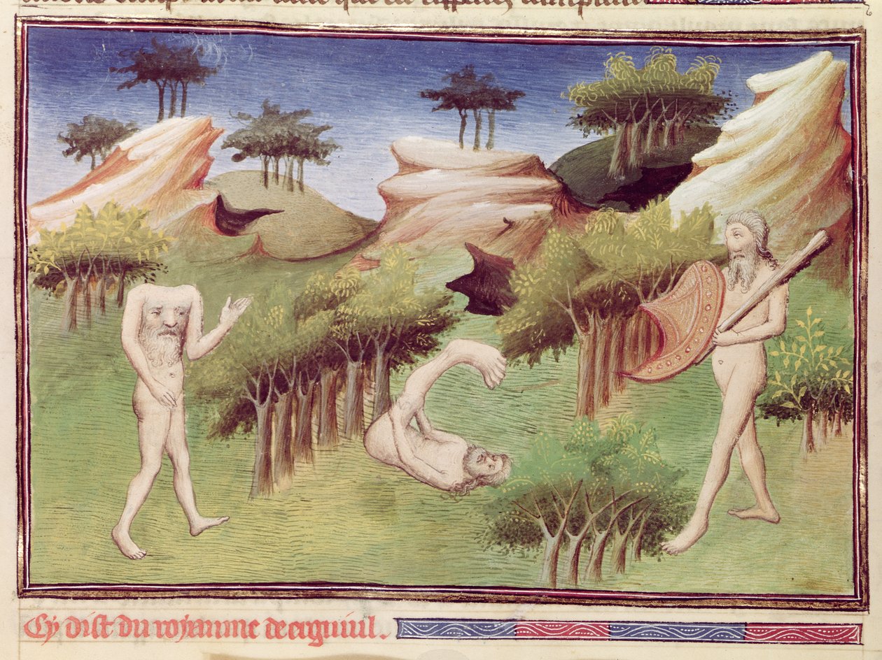 Ms 2810 f.29v, Monsters from the land of the Merkes, The Book of the Wonders of the World, n.1410-12 (tempera on vellum) tekijältä Boucicaut Master