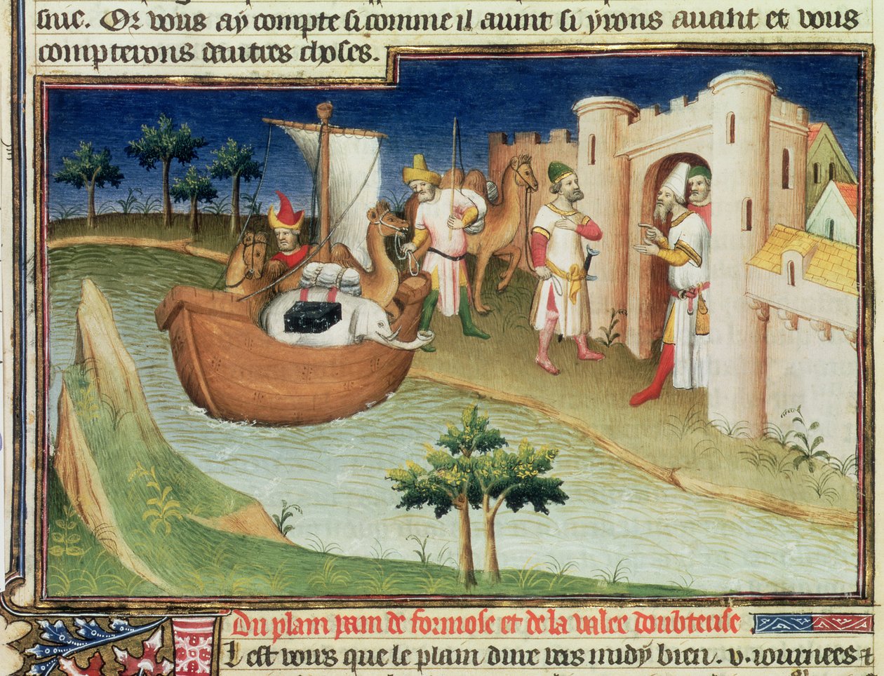 Ms Fr 2810 f.14v, Marco Polo norsujen ja kamelien kanssa saapumassa Hormuziin Persianlahdella Intiasta "Livre des Merveilles du Mondesta", n. 1410-1212 (tempera vellum) tekijältä Boucicaut Master