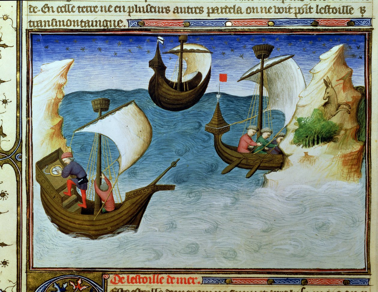Ms Fr 2810 f.188, Navigaattorit käyttävät astrolabia Intian valtamerellä, "Livre des Merveilles du Monde", n. 1410-1212 (tempera vellum) tekijältä Boucicaut Master