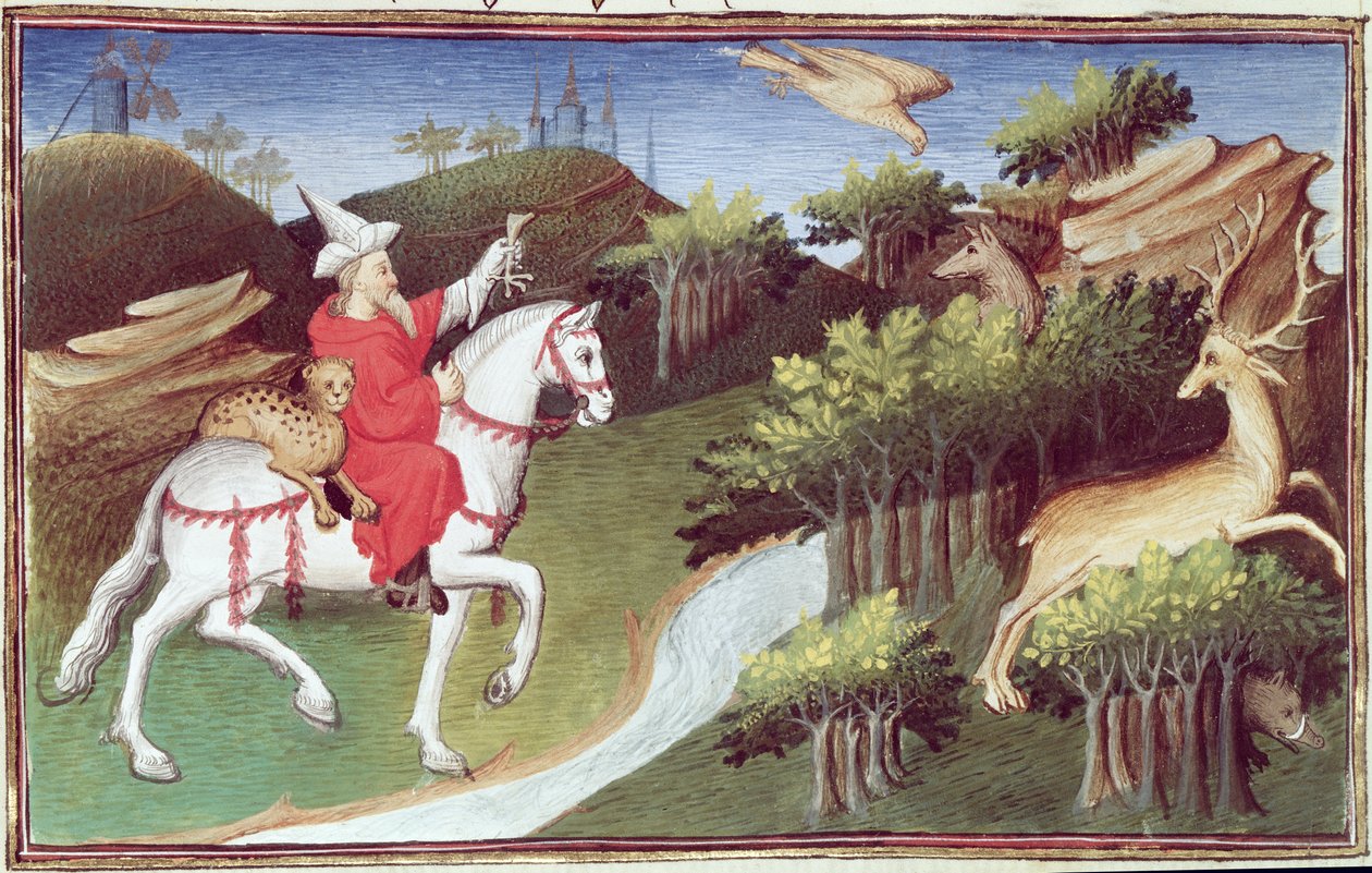 Ms Fr 2810 f.31v, Suuri kaani päästää kotkan irti peuraa vastaan, teoksesta "Livre des Merveilles du Monde", noin 1410-12 (tempera pergamentilla). tekijältä Boucicaut Master