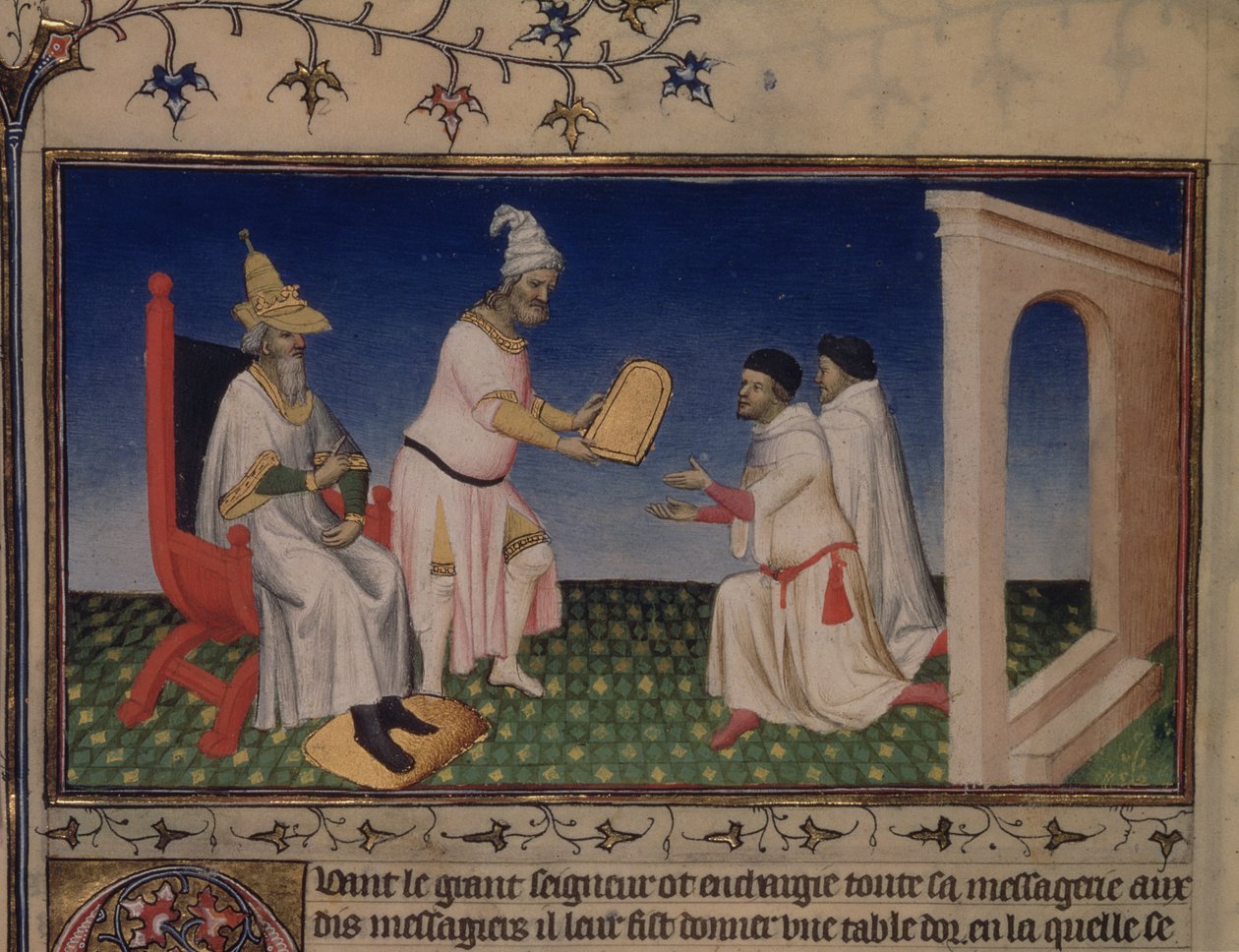 Ms Fr 2810 f.3v, Kublai Khan antoi Nicololle ja Marco Pololle turvallisen käytöksen Pekingissä, kultaisella sinetillä Cambalucissa vuonna 1292, "Le Livre des Merveilles", n. 1410-1212 (tempera vellum) tekijältä Boucicaut Master