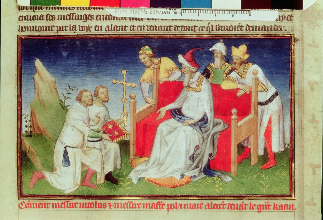 Ms Fr 2810 f.5, Nicolo ja Marco Polo ennen Suurkaaania, "Livre des Merveilles du Mondesta", n. 1410-12 (tempera vellum) tekijältä Boucicaut Master