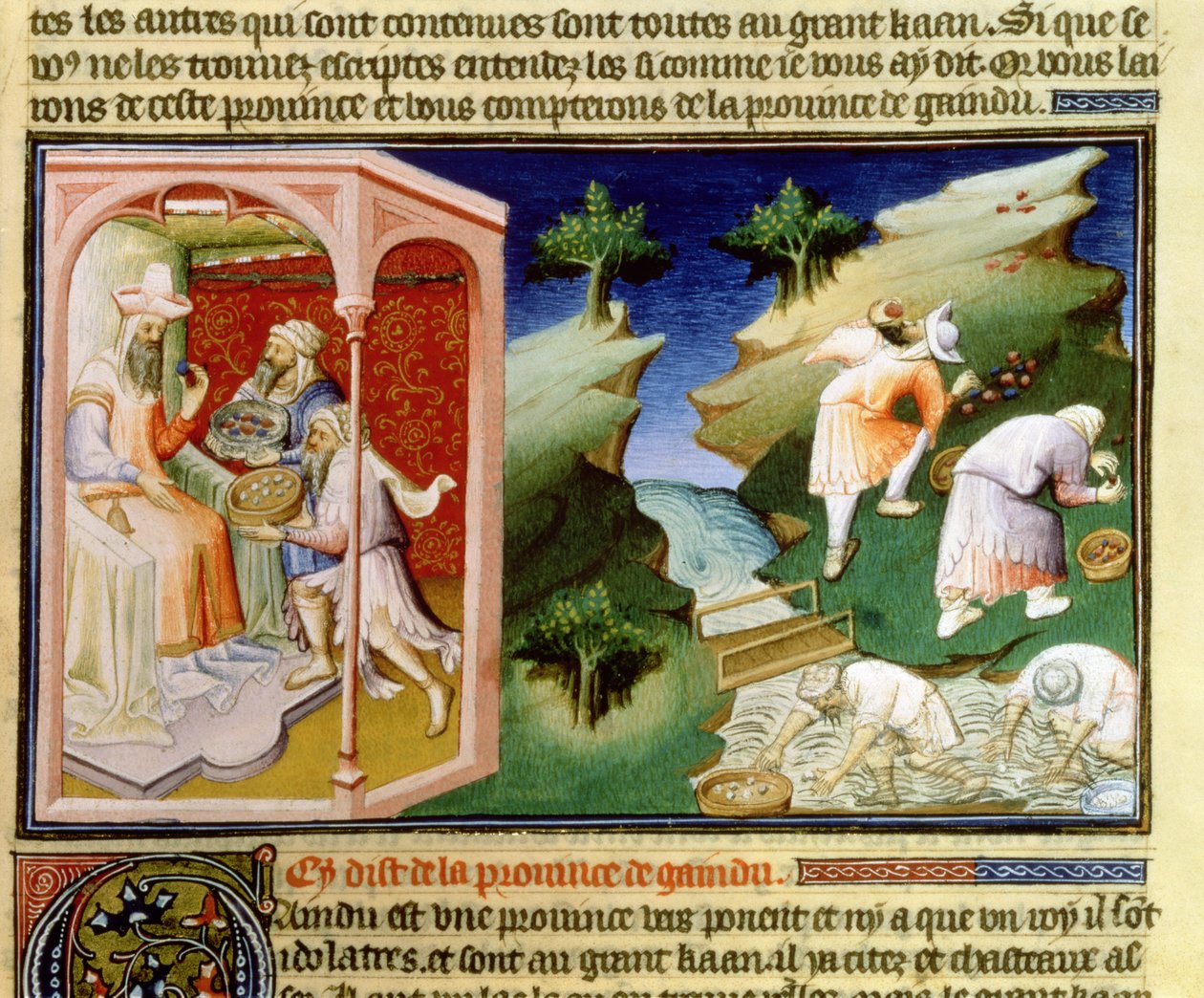 Ms Fr 2810 f.54, Helmien kalastus ja turkoosien kerääminen Gaindun maakunnassa, "Livre des Merveilles du Monde", n. 1410-1212 (tempera vellum) tekijältä Boucicaut Master