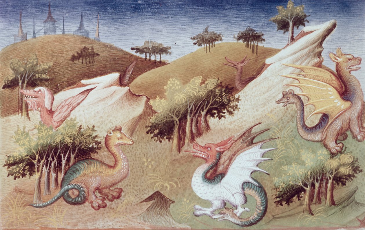 Ms Fr 2810 f.55v, Lohikäärmeitä ja muita petoja, teoksesta "Le Livre des Merveilles du Monde", noin 1410-12 (tempera pergamentilla). tekijältä Boucicaut Master