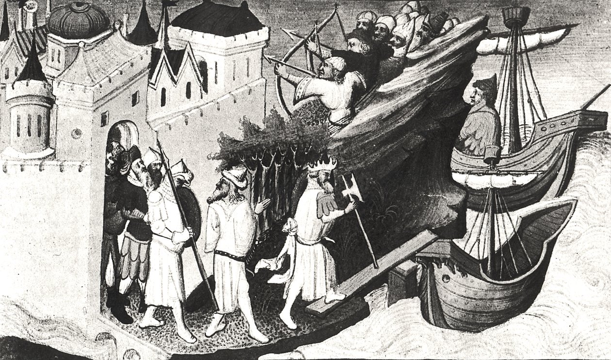 Ms Fr 2810 f.72, Suurkhaanisotilaat valtaavat Sypangun saaren Livre des Merveilles du Mondesta, n. 1410-1212 (tempera on vellum) (katso myös 176644) tekijältä Boucicaut Master
